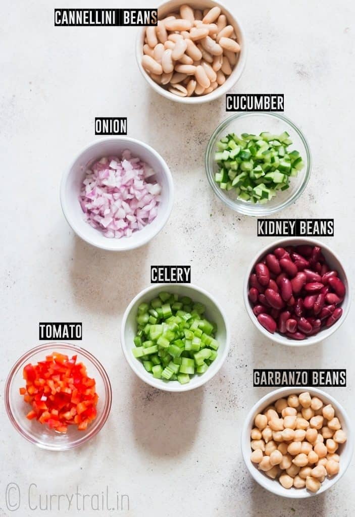 ingredients for 3 bean salad in individual bowl