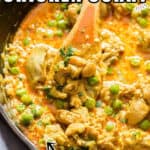 easy to make chicken curry in cast iron skillet with text