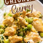 easy chicken curry served with rice in bowl with text