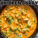 quick and easy chicken curry in cast iron skillet with text overlay