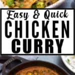 chicken curry in cast iron pan with text overlay