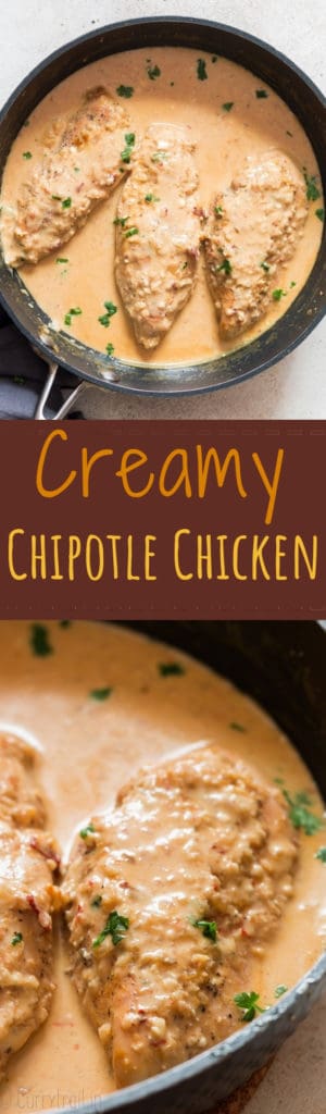 creamy chipotle chicken dish in cooking pan with text overlay