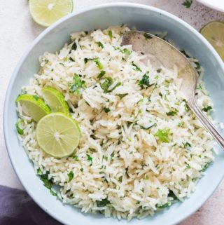 cilantro lime rice in a bowl with napkin