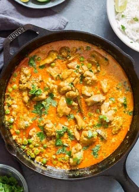 chicken curry in cast iron pan