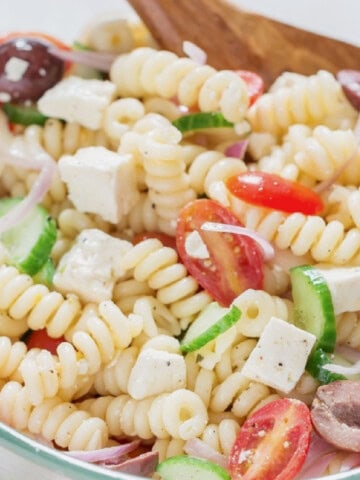 Greek pasta salad in a bowl.