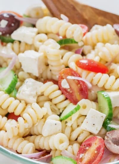 Greek pasta salad in a bowl.