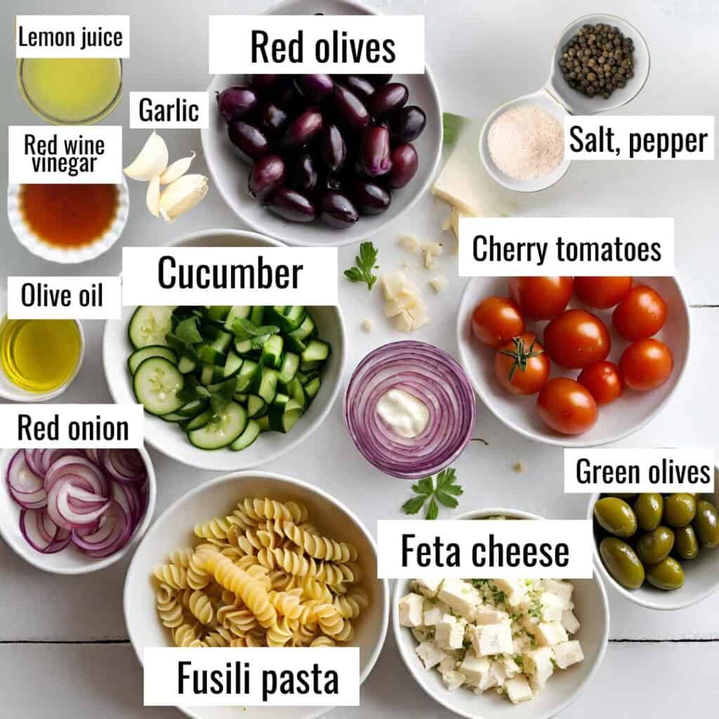 all ingredients for Greek pasta salad are arranged on a white wooden board.