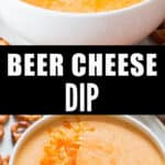 easy beer cheese dip served with pretzels in ceramic bowl with text
