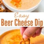 beer cheese dip made in 15 minutes served with pretzels in a white bowl with text overlay