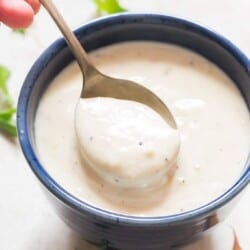 spoon in garlic Parmesan sauce in blue bowl