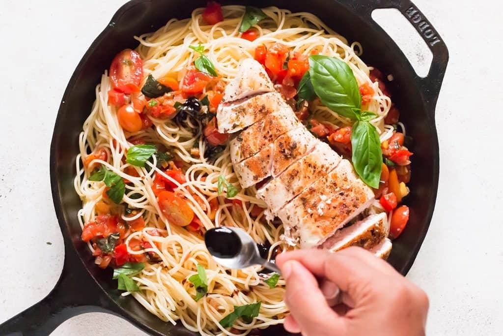 balsamic glaze drizzled over bruschetta chicken pasta