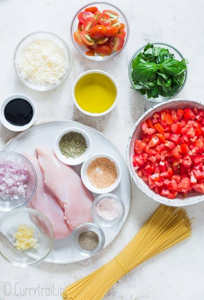 all ingredients for bruschetta pasta salad