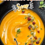 healthy butternut squash soup cooked in instant pot served in black ceramic bowl with text