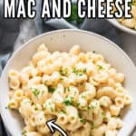 mac and cheese cooked in instant pot served in white bowl with text