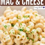 creamy mac and cheese cooked in instant pot with text