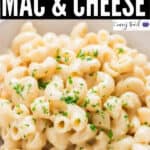 creamy mac and cheese cooked in instant pot with text