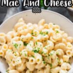 mac and cheese cooked in instant pot served in white bowl with text