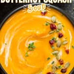 instant pot butternut squash soup in black ceramic bowl with text