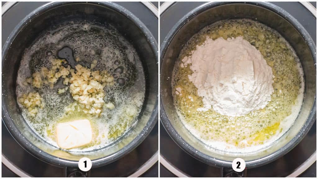 picture collage of cooking flour for garlic sauce.