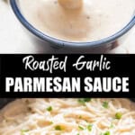 roasted garlic Parmesan sauce stirred with pasta with text on top.