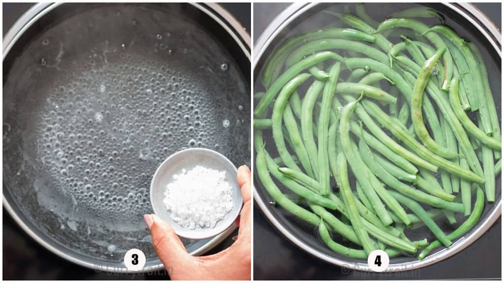 collage of blanching of green beans in salted water.