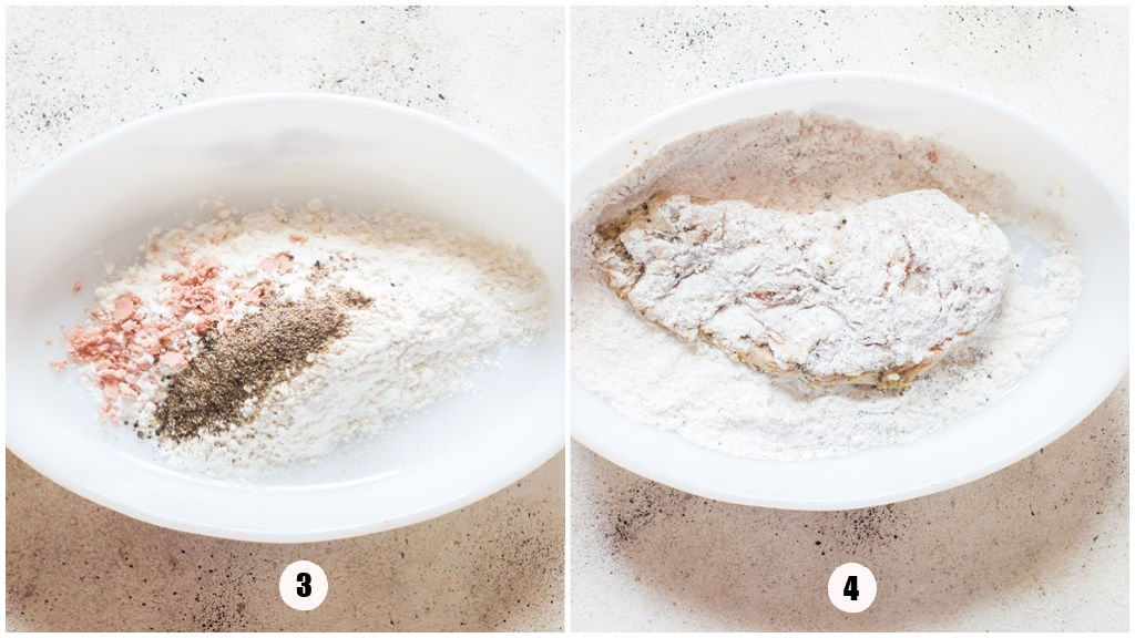 making flour mix for coating chicken breasts.