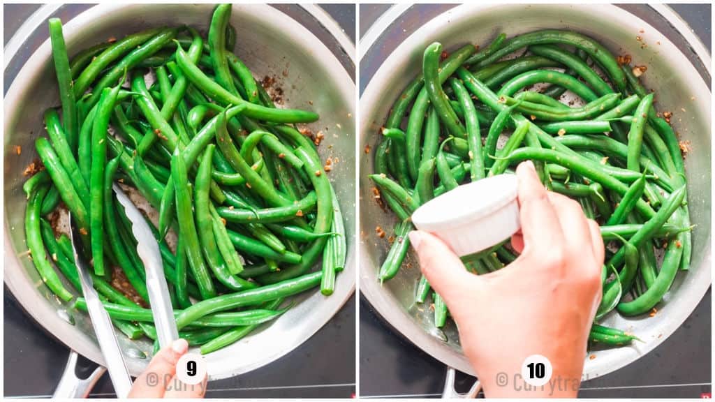 picture a collage of sautéed green beans in a skillet.