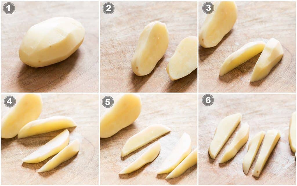 step by step picture collage on how to cut potatoes