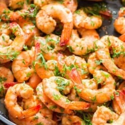 garlic butter shrimp cooked in skillet