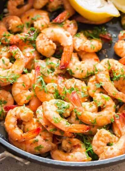 garlic butter shrimp cooked in skillet