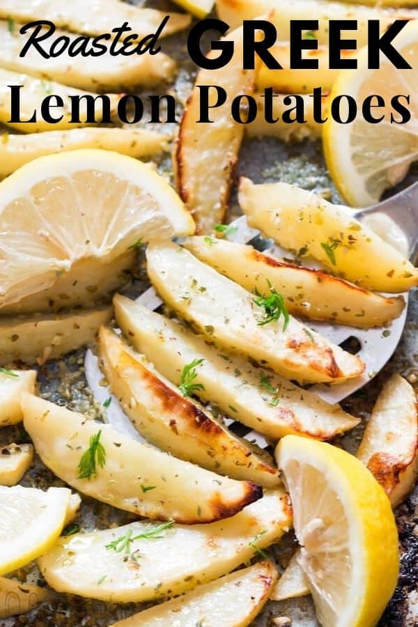 Oven roasted Greek lemon potatoes in baking tray