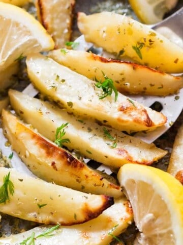 baked Greek potatoes with lemon garlic and chicken broth.