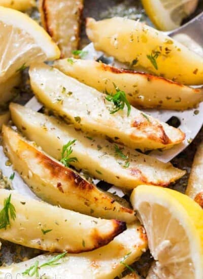 baked Greek potatoes with lemon garlic and chicken broth.