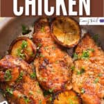 spicy lemon pepper chicken cooked in skillet with text overlay