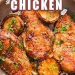 lemon pepper chicken in skillet with text overlay