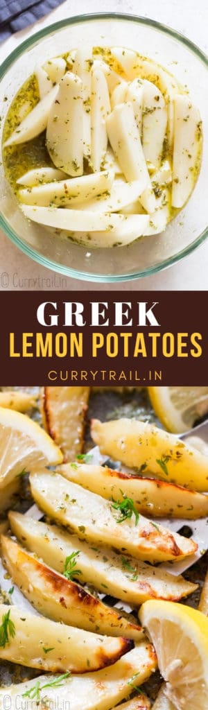 Oven roasted lemon greek potatoes with text overlay