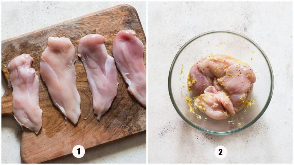 marinating chicken breasts in lemon pepper seasoning.