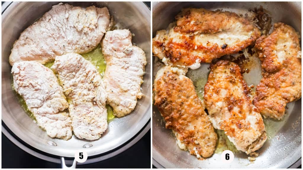 cook chicken breasts coated in flour and mix in olive oil in a skillet.