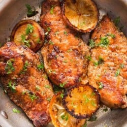 garlic pepper lemon chicken breasts cookes in skillet