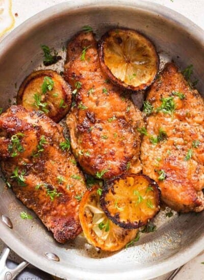 garlic pepper lemon chicken breasts cookes in skillet