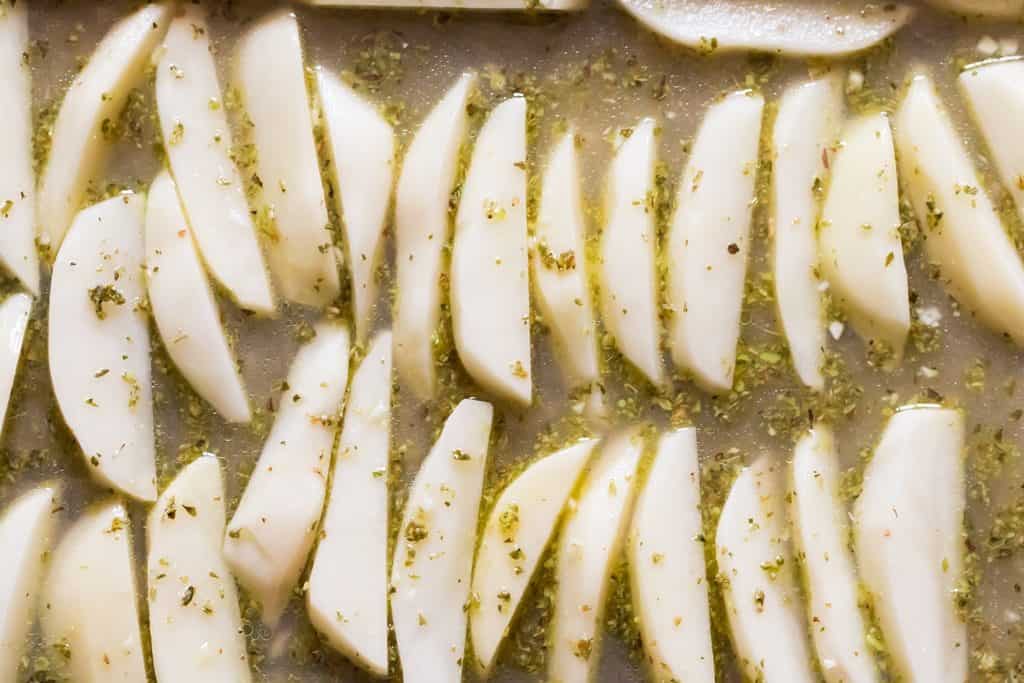 Greek lemon potatoes before roasting on baking tray