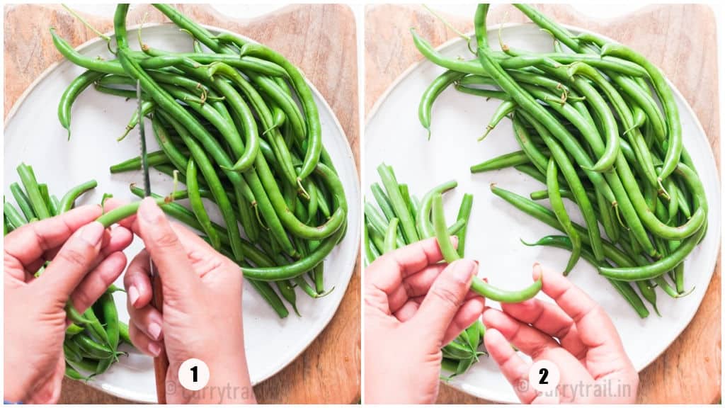 picture collage of trimming green beans.