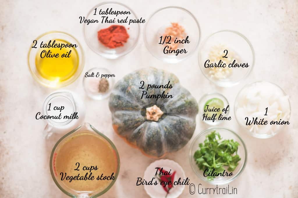 Ingredients for Thai vegan pumpkin curry soup
