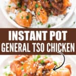 instant pot chicken tso chicken served with rice with text overlay