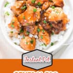 instant pot General Tso chicken with rice in white bowl with text