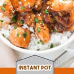 instant pot General Tso chicken with rice in white bowl with text