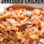 instant pot shredded chicken in ceramic bowl with text