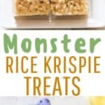monster rice krispie treats with text overlay