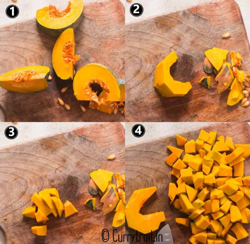 step by step picture collage of how to chop pumpkin