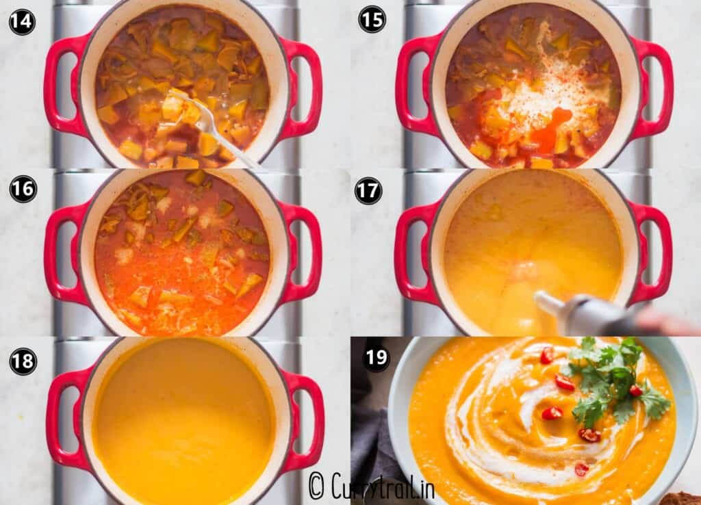 step by step picture collage of making vegan pumpkin curry soup